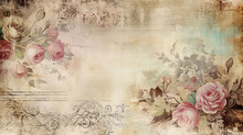 Distressed Vintage Floral Scrapbooking Paper Background With Pink Roses. 