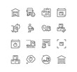 © PaleStudio - Set of truck logistics related icons, transportation, loading, cargo at warehouse, route, cargo inspection and linear variety symbols.