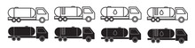 Oil Fuel Tanker Truck Vector Icon Set. Water Or Milk Tank Truck Symbol. Chemical Tank Symbol. Gasoline Or Petrol Tanker Truck Icon Set.