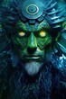 A close up portrait of norse god Loki with a green face. Generative AI image.