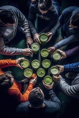 Poster - A group of people holding cups of green smoothie. Generative AI image.