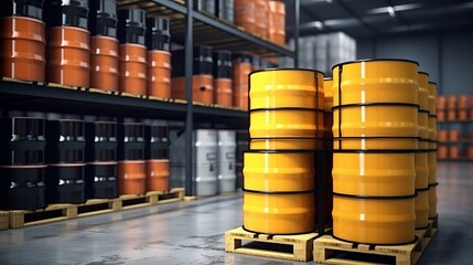 Wall Mural - Barrel container. Industrial warehouse. Barrels for chemical products. Fuel storage. Pallets with barrels in hangar. Logistic warehouse chemical products - Generative AI