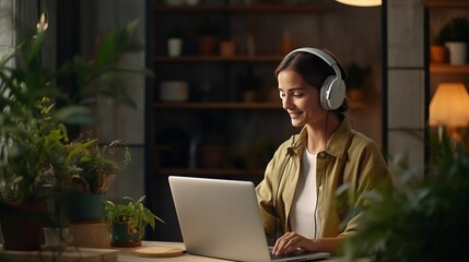 Smiling gardener millennial woman wear headphones, using laptop, communicating with clients, watching webinar or video stream conference, remote work from home. Distance education - Generative AI