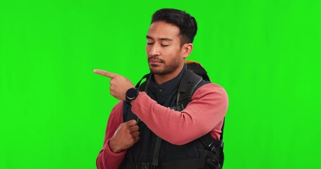 Sticker - Hiking, man pointing and presentation green screen for safety rules, adventure risk and mistake or wrong list. Bad information, trekking and face of asian person with backpack on a studio background