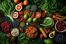 Various Fresh Healthy Vegetables And Fruits On The Table, Flatlay Composition Background, Generative Ai