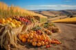 autumn landscape with pumpkins and corn, peaceful country harvest time on the field background concept, generative ai