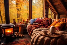 Cozy Warm Autumn Style Decoration Interior In A Wooden Log With Big Windows, Autumn Forest Outside, Candles And Pillows On The Sofa, Generative Ai