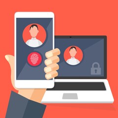 Poster - Accedere alla pagina sullo schermo del laptop. Avatar femminile e maschile con mani e dita . Illustrazione app cellulare impronta ddigitale