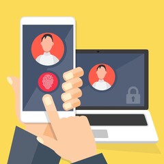 Poster - Accedere alla pagina sullo schermo del laptop. Avatar femminile e maschile con mani e dita . Illustrazione app cellulare impronta ddigitale