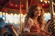 © Kowit - A young girl was excited and happy while on a carousel, merry-go-round, and having fun during summer vacation at an amusement park. Generative ai.