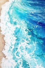 Watercolor Illustration Of White Waves On Blue Water At The Beach, Created With Generative Ai Technology