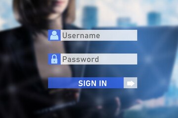 Poster - Login form and authorization. Site authentication. Place to enter username and password. Authorization on business site. Website asks for username and password. Authorization form. Web, cyberspace
