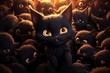 Cute cartoon black kittens with big yellow eyes. Halloween illustration Generative AI