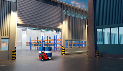Poster - warehouse area. industrial buildings. pallet jack with barrels. warehouse hangars in evening. place 