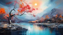 A Romantic Autum Painting Of Water, Trees, River, Bridgewith The Sun In The Background, In Dark Warm Colors. Beautiful Nature, Harmony, Print Concept Impressionism. Japan. Generative AI.            