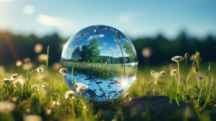 Canvas Print - Globe planet glass In a green forest with bokeh nature lights. world environment day. the concep for environment conservation, protect ecology earth and eco-friendly environmental life. Generative Ai.