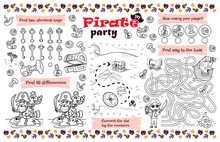 Festive Napkin For Children. Printable Mat "Pirate Party" With A Labyrinth, Connect The Dots And Find Differrences. 17x11 Inch Printable Vector File