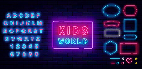 Wall Mural - Kids world neon emblem. Play zone. Handwritten colorful inscription. Glowing advertising. Vector stock illustration