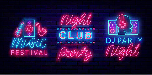 Wall Mural - Night club party neon labels collection. Music festival event. Performance flyer. Vector stock illustration