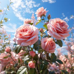 Poster - Pink pale roses bush over summer garden or park nature background. Roses garden, outdoor. Generative Ai.