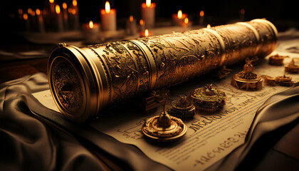 Fictitious recreation of a jewish scroll with Torah. Illustration AI