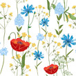 Trendy seamless textile botanical meadow flowers print.    Aerial flora natural summer pattern. Bright beautiful red poppies and meadow grasses and medium-sized flowers floral vector print.