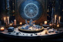 Beautiful Esoteric And Mystical Altar For Meditation With Crystals And Semi-precious Stones, Zen Temple. Generative AI.