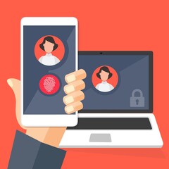Poster - Accedere alla pagina sullo schermo del laptop. Avatar femminile e maschile con mani e dita . Illustrazione app cellulare impronta ddigitale