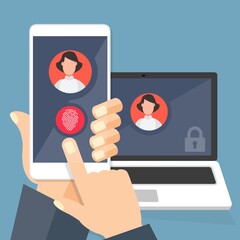 Poster - Accedere alla pagina sullo schermo del laptop. Avatar femminile e maschile con mani e dita . Illustrazione app cellulare impronta ddigitale