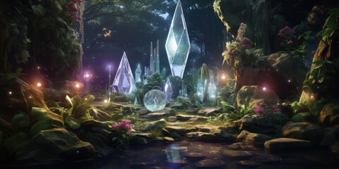 Esoteric place in the forest with Zen Temple for meditation with crystals and semi-precious stones. Generative AI.