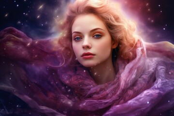 Wall Mural - Ethereal and mesmerizing woman portrait in a galaxy environment created with generative AI technology.