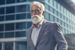 © VK Studio - Elderly male businessperson ceo in suit walking outdoors on skyscraper background. Generative AI