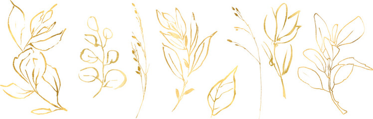 Botanical line art silhouette golden leaves, Golden Linear floral Leaves Set. Vector Gold luxury line collection. Hand drawn vector illustration in linear style, graphic clipart for wedding invitation