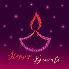 illustration of burning diya on Happy Diwali violet background for light festival of India. glowing, fire, sparkles