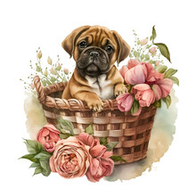 Watercolor Cute Puppy In A Basket Of Pink Flowers Illustration Generative AI, Png Image.