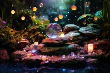 Beautiful esoteric and mystical altar for meditation with crystals and semi-precious stones, Zen Temple. Generative AI.