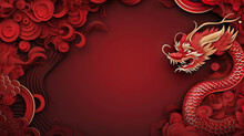 Happy Chinese New Year, Year Of The Dragon Zodiac Sign Hanging Beautiful Lantern And Flowers On Red Background. Copy Space