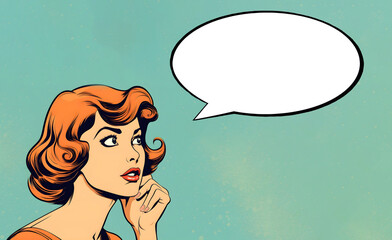 Comics style young woman with a blank thought or speech bubble. AI generated illustration.