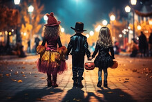 Kids In Halloween Costumes Playing On Night City Street, Back View. The City Streets At Night Are Decorated With Halloween Decorations And Lanterns. Generative Ai.