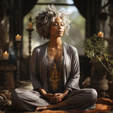 Fototapeta Las - Older Black Woman Practicing Mindfulness, Calm, Relaxation Techniques for Mental Health