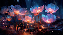 Surreal Night Jungle With Luminescent Plants And Flowers. Wonderful Fantasy Magical Bioluminescent Flowers. 3D Rendering. Flowers Glow In The Dark 3d Wallpaper. Floral Background.