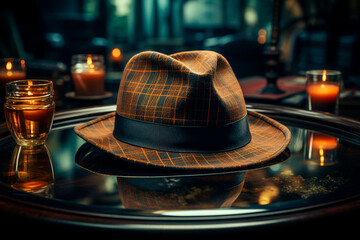 Magician hat on wooden table in the old library. Halloween concept.generative ai