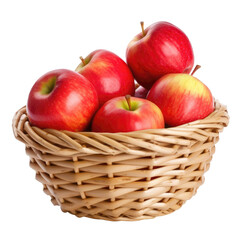 Illustration of wicker basket full of fresh ripe red apples isolated on transparent background. PNG clip art element. Generated with AI.