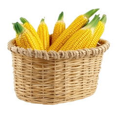 Wall Mural - Wicker basket full of delicious corn isolated on transparent background, png clip art. Generated with AI.