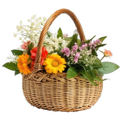 Wall Mural - Wicker basket full of beautiful different flowers isolated on transparent background, png clip art. Decorative floral element. Generated with AI.