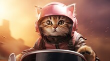 Cute Cat Using Motorbike And Glasses