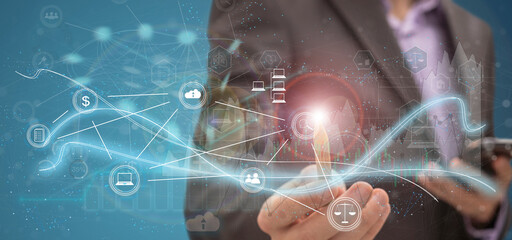 Leinwandbilder - Global business, digital technology, social media marketing concept. Business man using digital tablet computer with global internet connection and smart city, business intelligence, data science