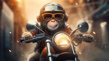 Cute Monkey Using Motorbike And Glasses