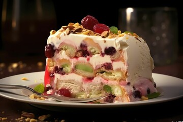 Wall Mural - Spumoni italian desert. Ice Cream Sandwich with nuts and fruits toping AI Generative Image 