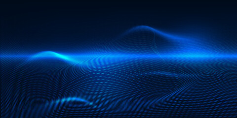 Vector illustration of futuristic neon blue wave dot connecting network for digital advertising and game artwork.Digital communication innovation and technology concepts.